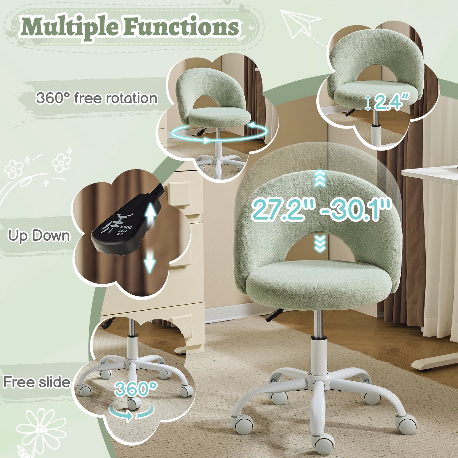 Ktaxon Vanity Makeup Chair Comfy Cute Accent Chair Small Swivel Task Office Chair with Wheels Faux Rabbit Hair Green