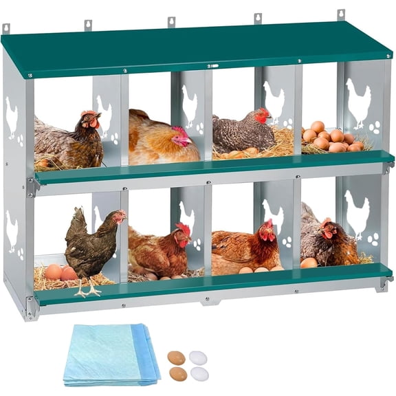 Chicken Nesting Box 8 Compartment with 10 Pet Moisture Pads and 4 Fake Eggs Roll Away Egg Collection, Perch, Lid Cover for Egg Protection - Wall Mount Nest Box for Chickens, Hens, Ducks