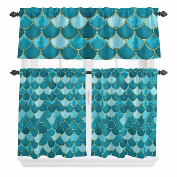 3 Piece Kitchen Curtains and Valances Set Green Cafe Curtains 36 Inch Length Modern Geometric Fish Scale Abstract Moroccan Valance & Tier Curtain for Living Room Bedroom Window 54"x18" 27"x36"*2