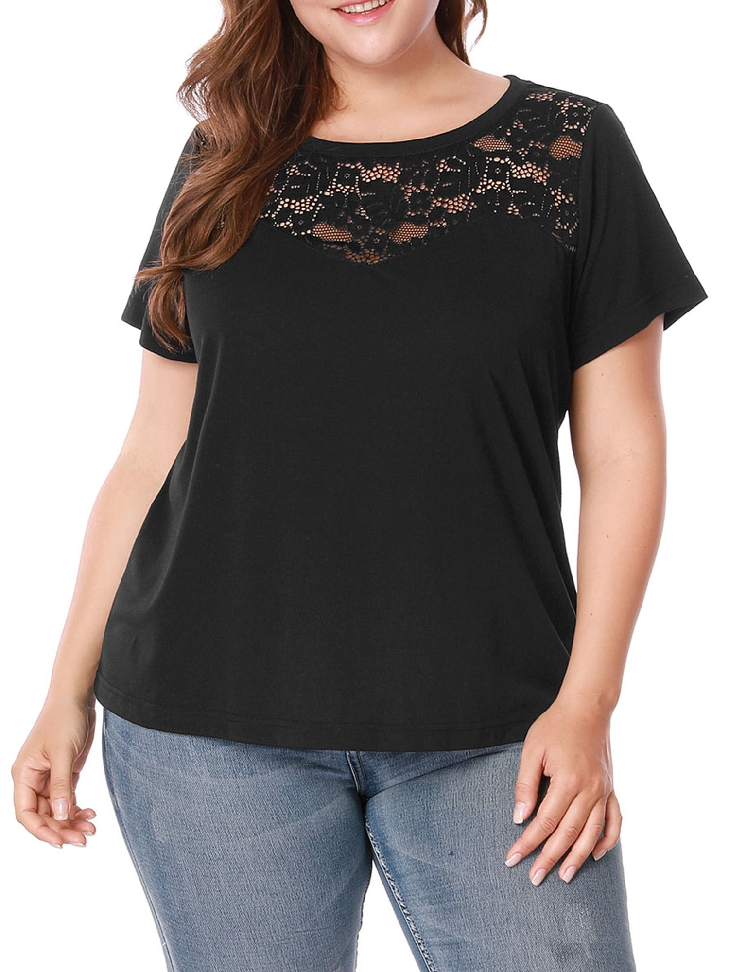Unique Bargains Women's Plus Tops Lace Panel Round Neck Short Sleeve Blouse