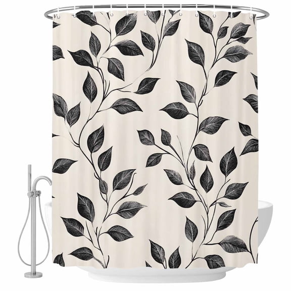 Shower Curtain Bathroom Set Retro Plant Leaves Waterproof Fabric Shower Curtains with Grommets&Hooks, Vintage Black Botanical on Khaki Privacy Bath Curtain for Bathtub 36x72in