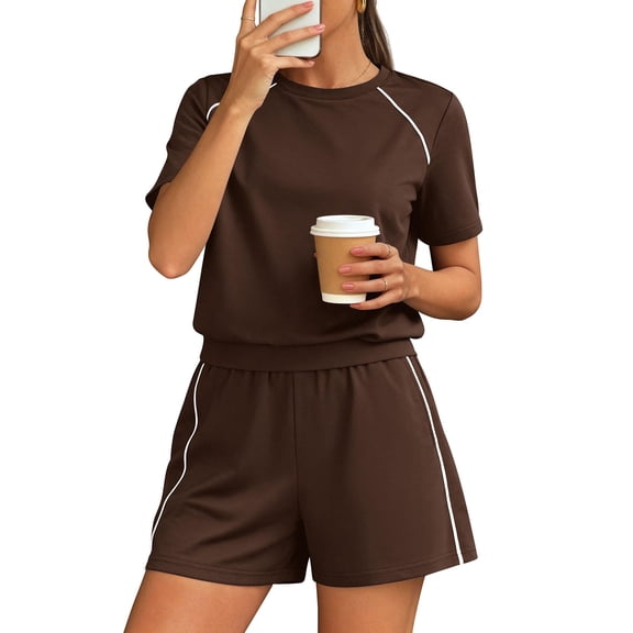 Shorts Sets Women 2 Piece Outfits Summer Matching Workout Athletic Clothing Casual Spring Travel Loungewear Coffee 2XL