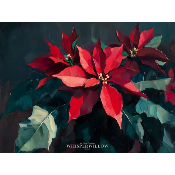Velto Vibrant Red Holiday Poinsettia, Holiday Spirit Home Decor, Winter Green Flower Wall Art Canvas, 8x10 0.75-Inch Pine Wood Frame