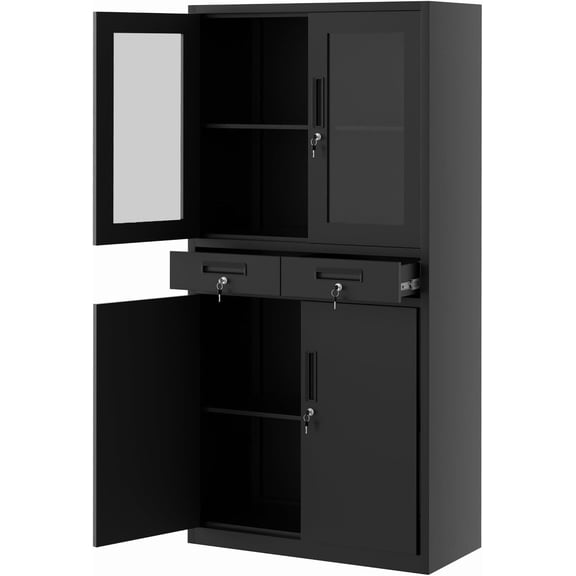 Metal Storage Cabinet – 71 Inch Black with Glass Doors, 2 Drawers and 2 Adjustable Shelves – Lock Feature for Garage and Home Office Organization