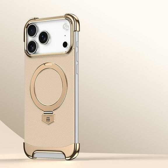 Frameless for iPhone 17 Pro Max Case, Compatible with Magsafe, Minimalist Shockproof Phone Shells, Magnetic Aluminum Metal Leather Case, Scratch Resistant Protective Case with Stand, Gold