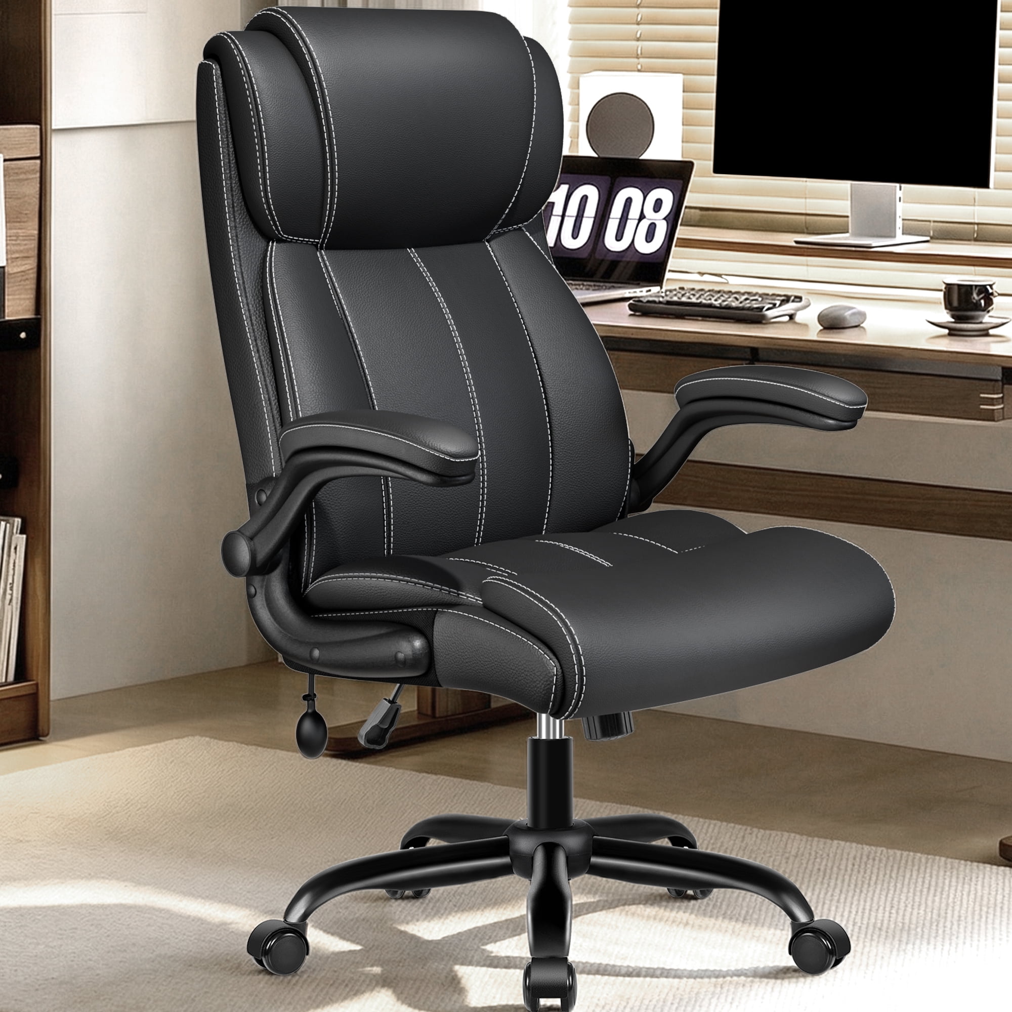 COOLHUT Big and Tall Office Chair 350LBS, Comfy Heavy Duty Executive Desk Chair with Adjustable Lumbar Support, Higth Back Computer Home Office Chair with Padded Flip -up Arms, Black