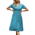 thumbnail image 2 of Gzhioc Women Summer Dress, Floral Print V-Neck Short Sleeves Slim-Waist Casual Skirt for Ladies, 9 Colors, 2 of 7