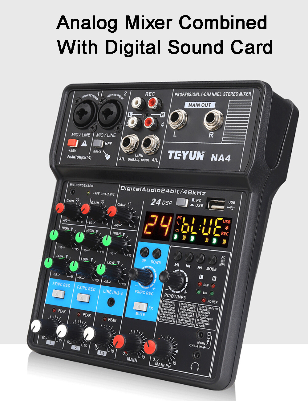 Mini 4-Channel Audio DJ Mixer Console, Professional Audio Mixer with Bluetooth, USB & DSP Effects for KTVs