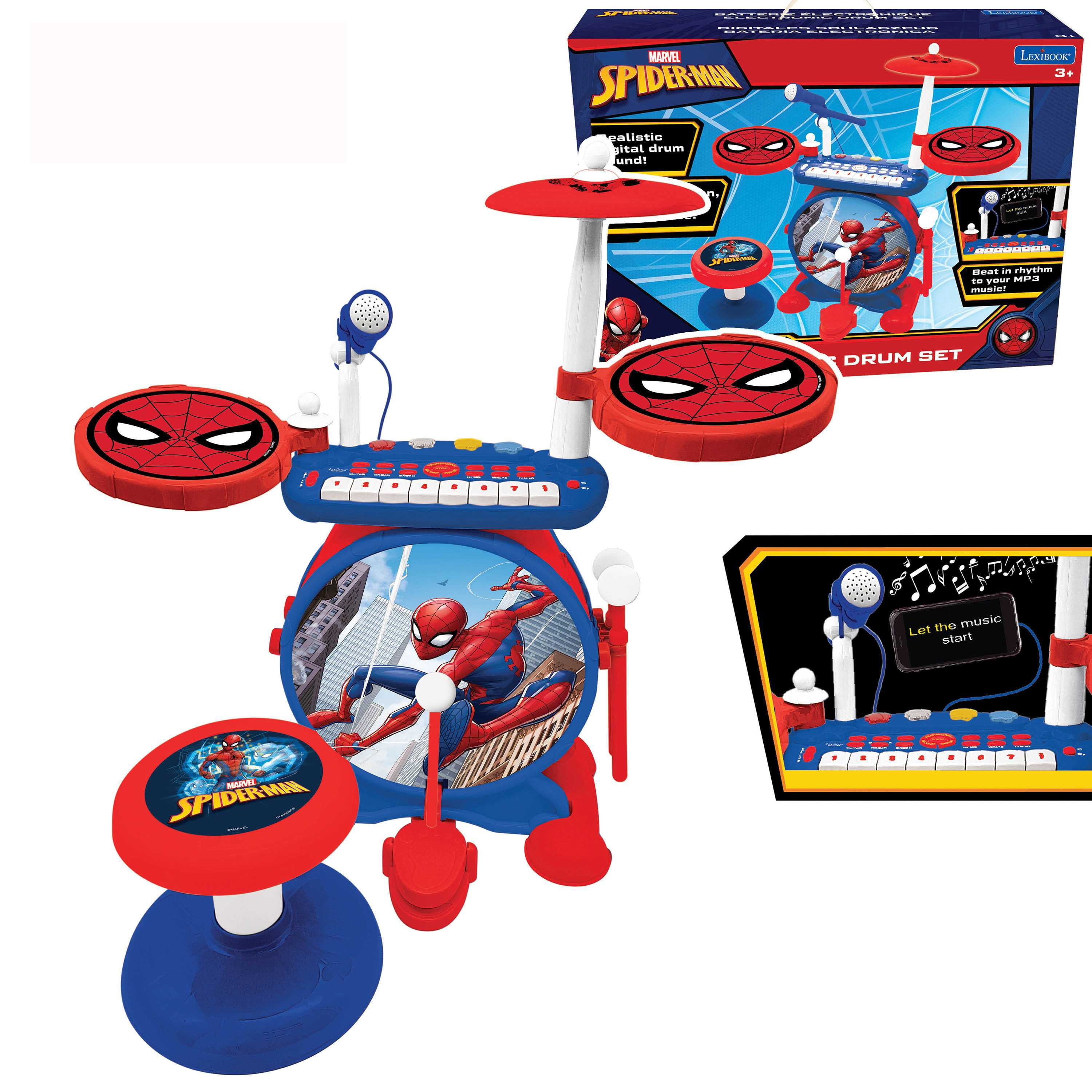 Lexibook Spider-Man Electronic Drum Set, 3-in-1 with 8-Key Keyboard and Mic, Blue/Red