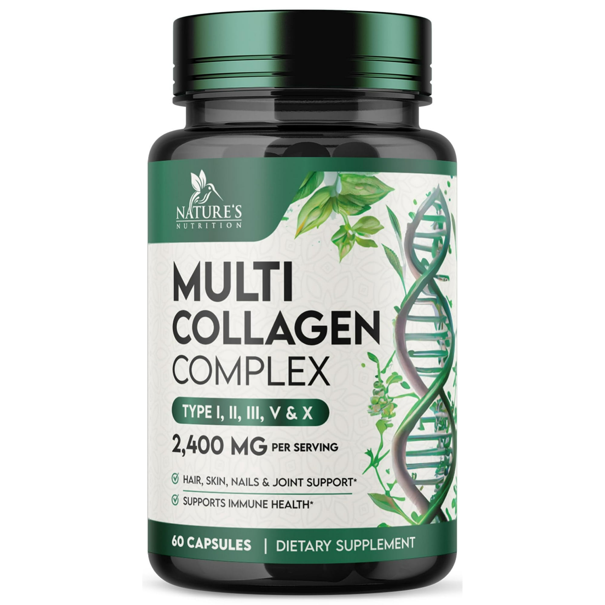 Multi Collagen Pills - Hydrolyzed Collagen Peptides Capsules for Women & Men - Types I, II, III, V, X Multi Collagen Complex - Hair, Skin & Nails Support Supplement - Bottled in the USA - 60 Capsules