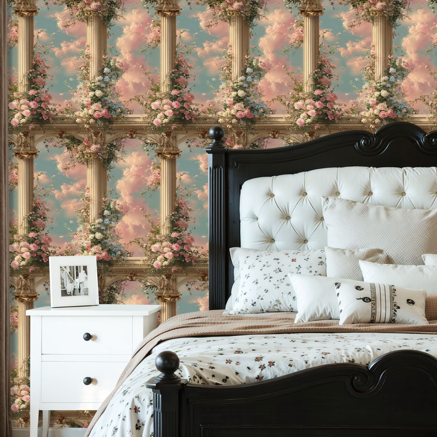 Peel and Stick Wallpaper Classical Columns Wrapped Roses Pastel Clouds Ornate Floral Wall Mural 23.6in x 9.8ft Self Adhesive Removable Wall Paper Renter Friendly Wallpaper for Bedroom