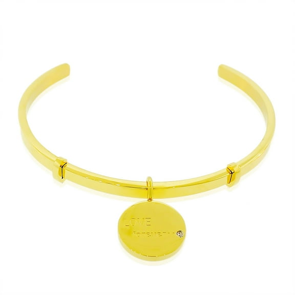 EDFORCE Stainless Steel Yellow Gold-Tone CZ Love Forever Open End Bangle Bracelet