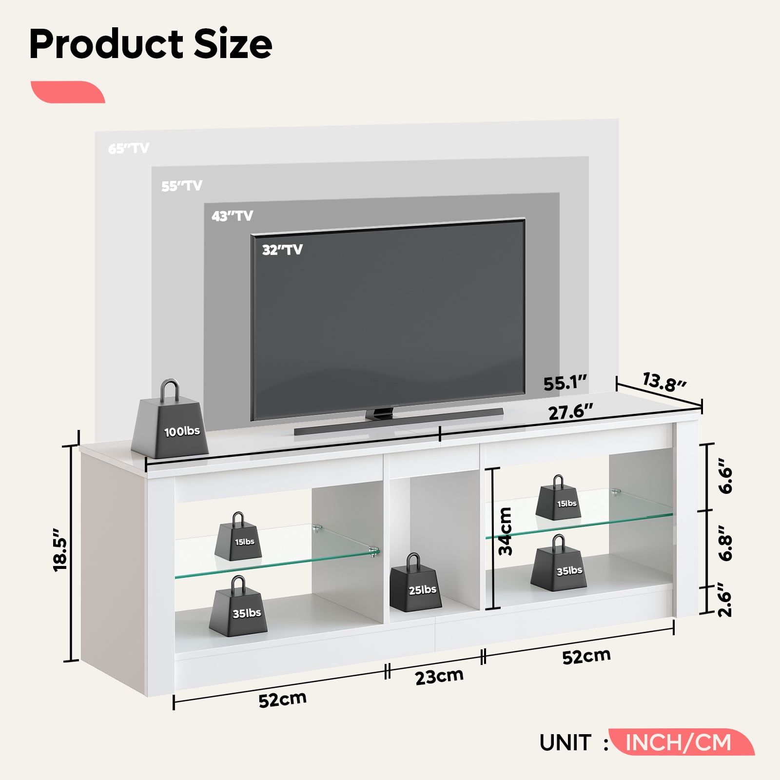 Bestier TV Stand for TVs up to 60" Entertainment Center with LED Lights Storage Shelves Modern High Gloss Console Table, White