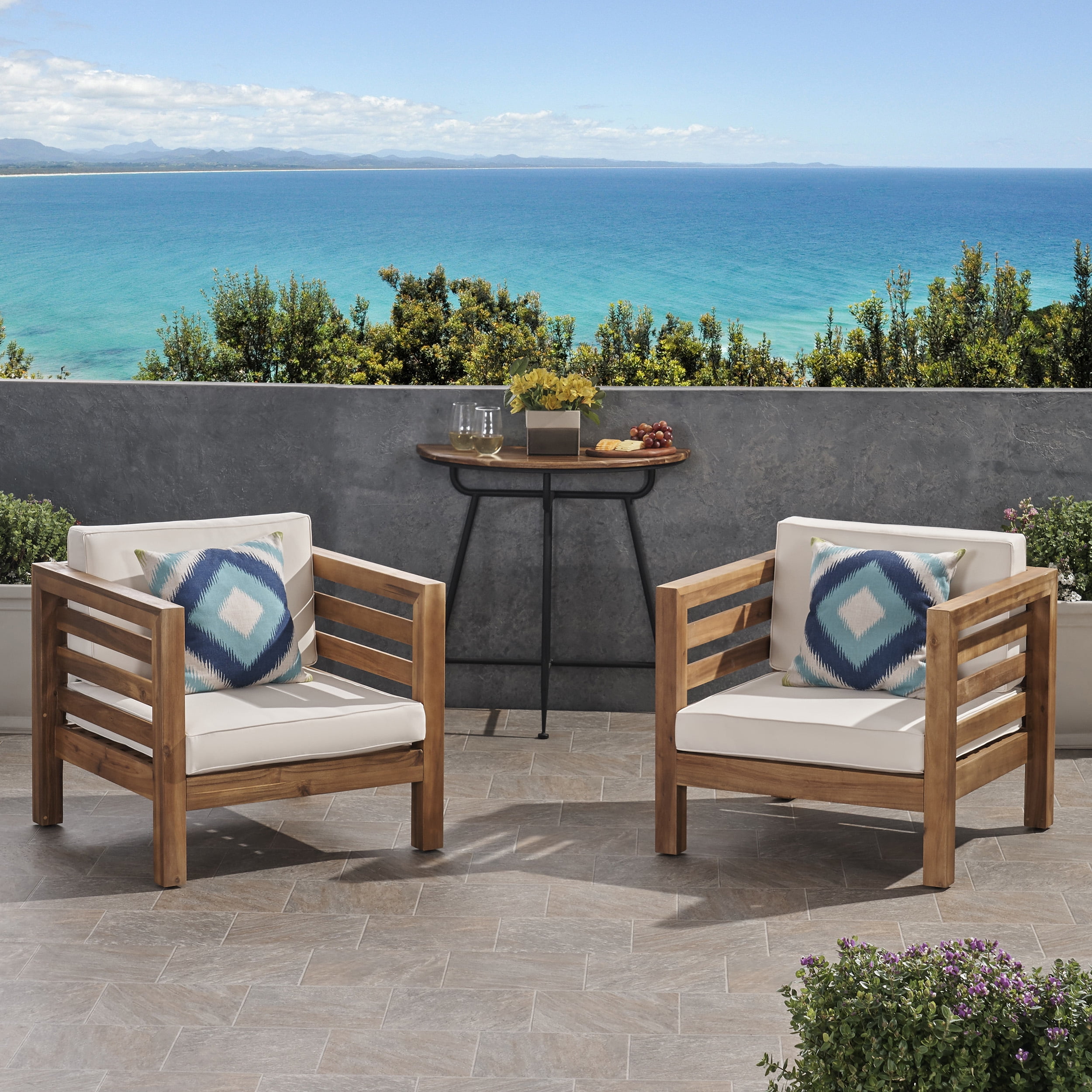 Frankie Outdoor Acacia Wood Club Chairs with Cushions, Set of 2, Teak and Beige