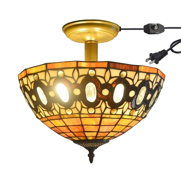 Kiven 13.8in Flush Mount Ceiling Light Fixture Dimmable, 3-Light Anti Glare Close to Ceiling Light with 15FT Plug-in Cord, Tiffany-Style Glass Chandelier for Bedroom Kitchen Hallway(No.3205)