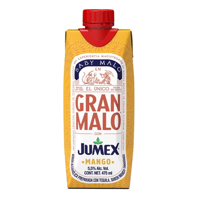 bebida alcohólica preparada gran malo con tequila sabor mango tamarindo 475 ml premezclado, envase cartón frontal centrado con tapa roja y etiqueta blanca que muestra logo GRAN MALO y JUMEX Mango, indica 5.5% Alc. Vol. y 475 ml; fondo amarillo con patrón impreso sobre fondo neutro. Apto para servir como coctel listo en reuniones.
