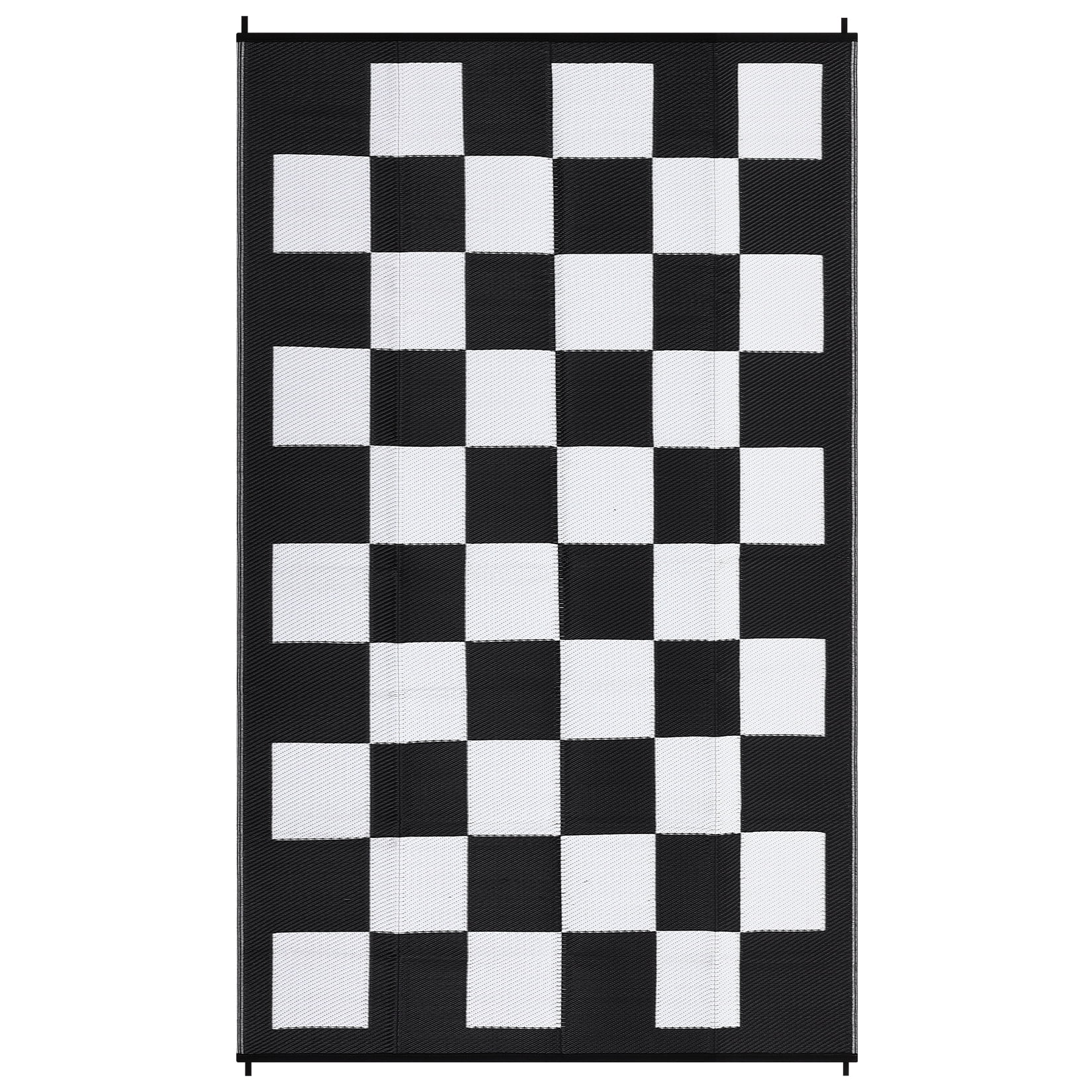 Outdoor Rug 8 x 10 Waterproof Checkboard Woven Carpet, Large Reversible Plastic Straw Rug, Foldable Modern Geometric Plaid Outside Camping Rug for Picnic, Backyard, Deck, Black White