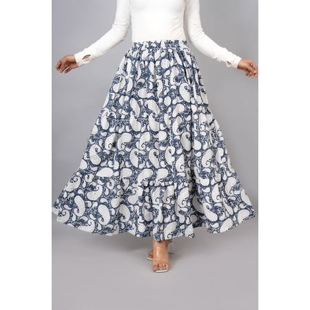 Women Navy Blue Cotton Maxi Skirt Boho Flowy White Paisley Motif Hand Block Print with Elastic Waist L