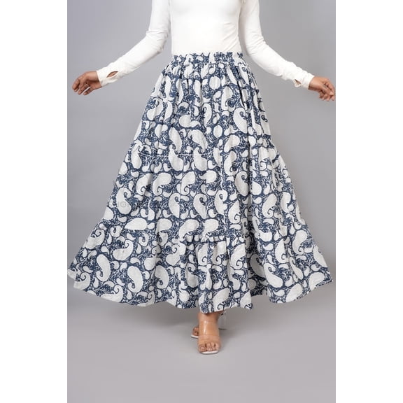 Women Navy Blue Cotton Maxi Skirt, Boho Flowy White Paisley Motif Hand Block Print with Elastic Waist, XS