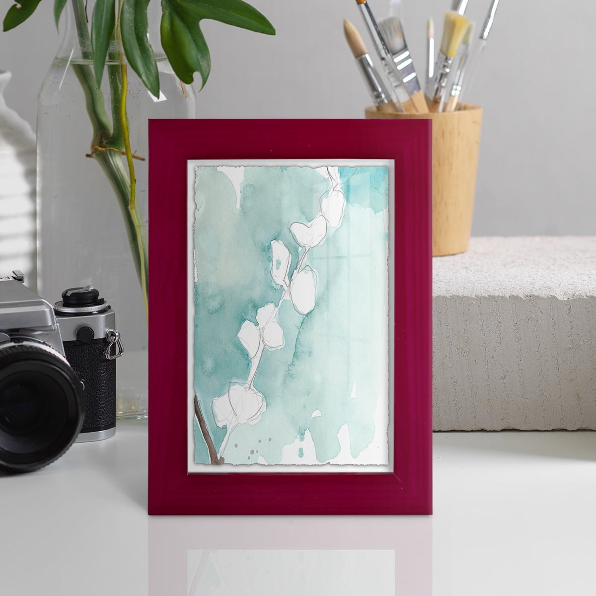 Ginkgo on Dusty Teal V - Framed Print w/glass - Cherry Red