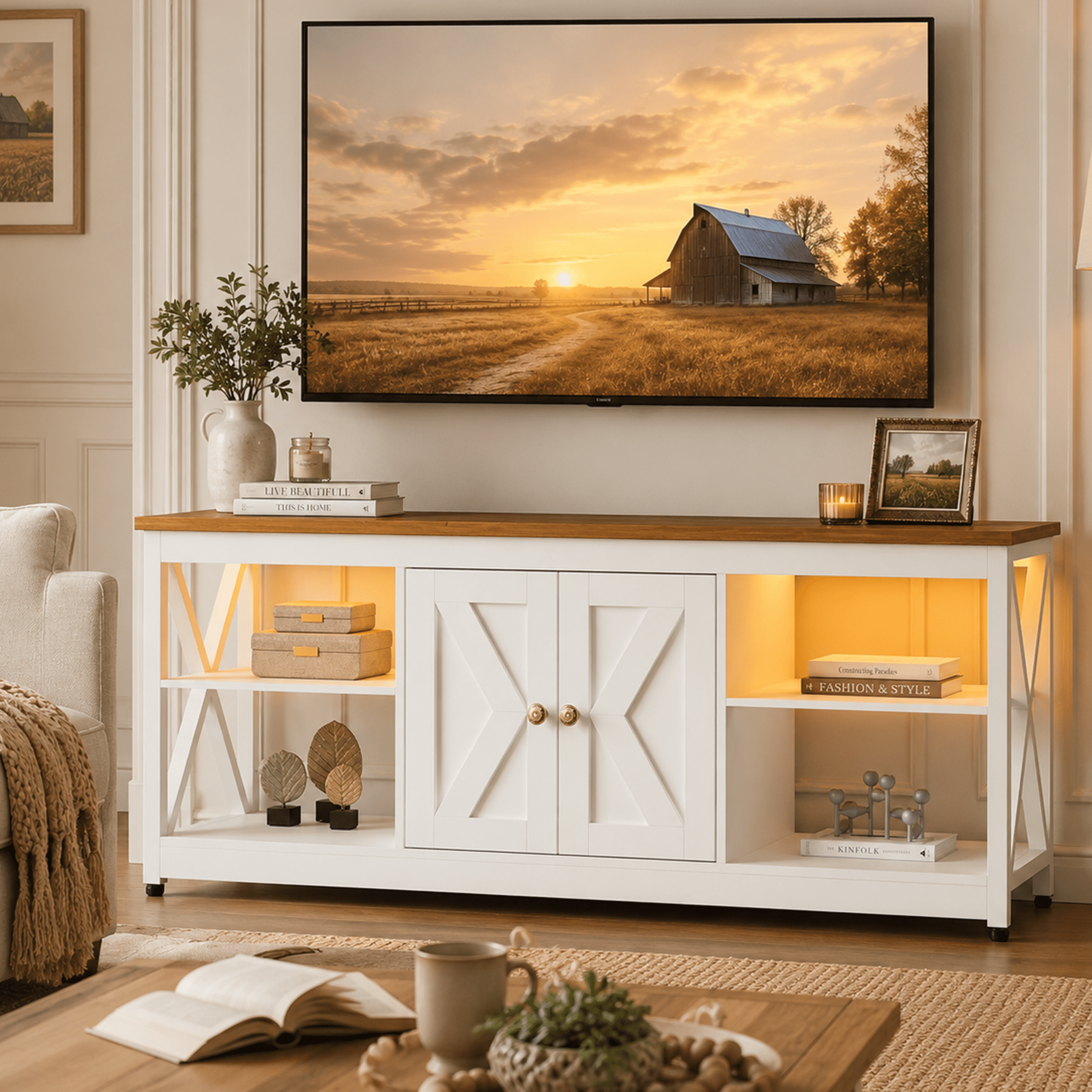 PAPROOS TV Stand for 65 Inch TV, Modern Farmhouse TV Cabinet with LED Light,  Entertainment Centre with Storage Spacefor Living Room,Brown+White
