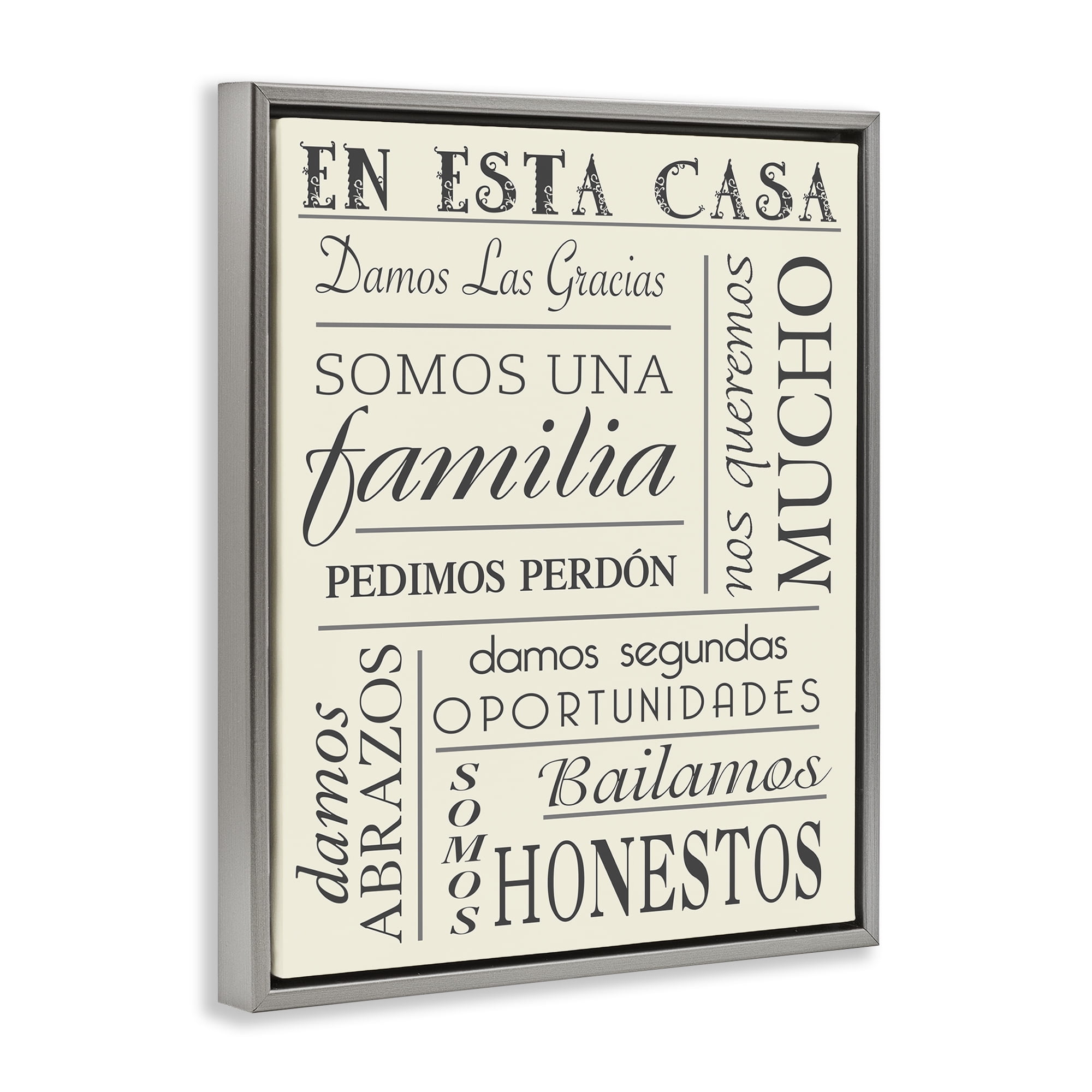 Stupell Industries En Esta Casa Familia Inspirational Quotes & Sayings Painting Gray Floater Framed Art Print Wall Art, 17 x 21
