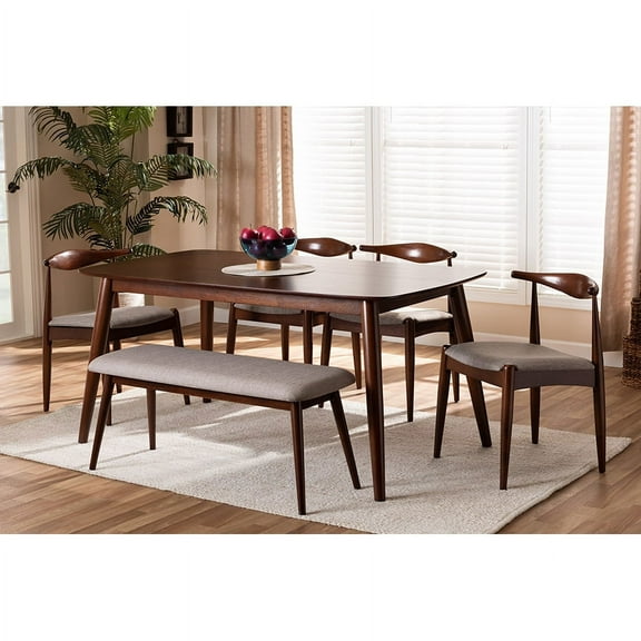 Baxton Studio Aeron Mid-Century Modern Light Gray Fabric Upholstered Walnut Finished Wood 6-Piece Dining Set