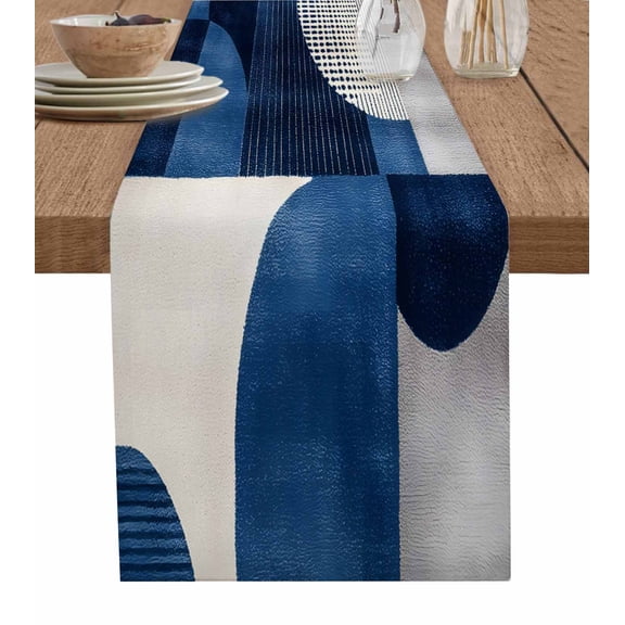 Vintage Blue Geometric Table Runner 36 Inches, White Black Blue Abstract Bed Runner Dresser Scarves Tabletop for Indoor Outdoor Parties/Ceremony/Banquet, 13"x 36"
