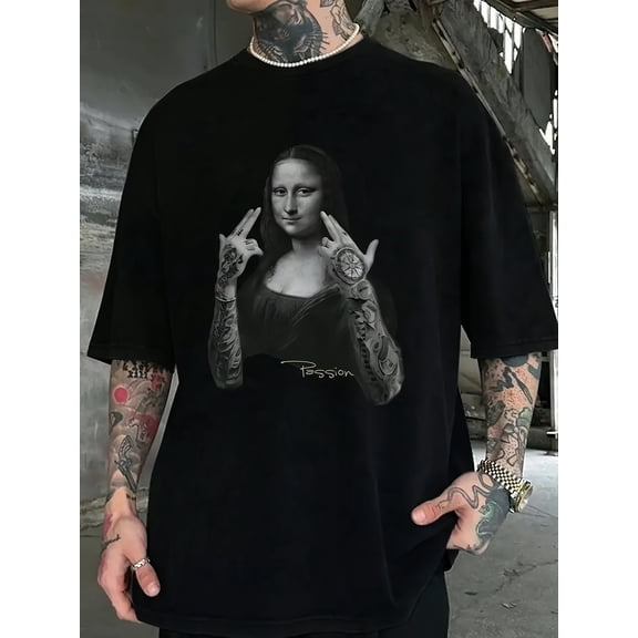 Men's Vintage Streetwear T-Shirt - Mona Lisa Rock On Hand Gesture Graphic Tee, Bold Renaissance Art Rebellion Shirt for Concerts & Casual Attire - Machine Washable