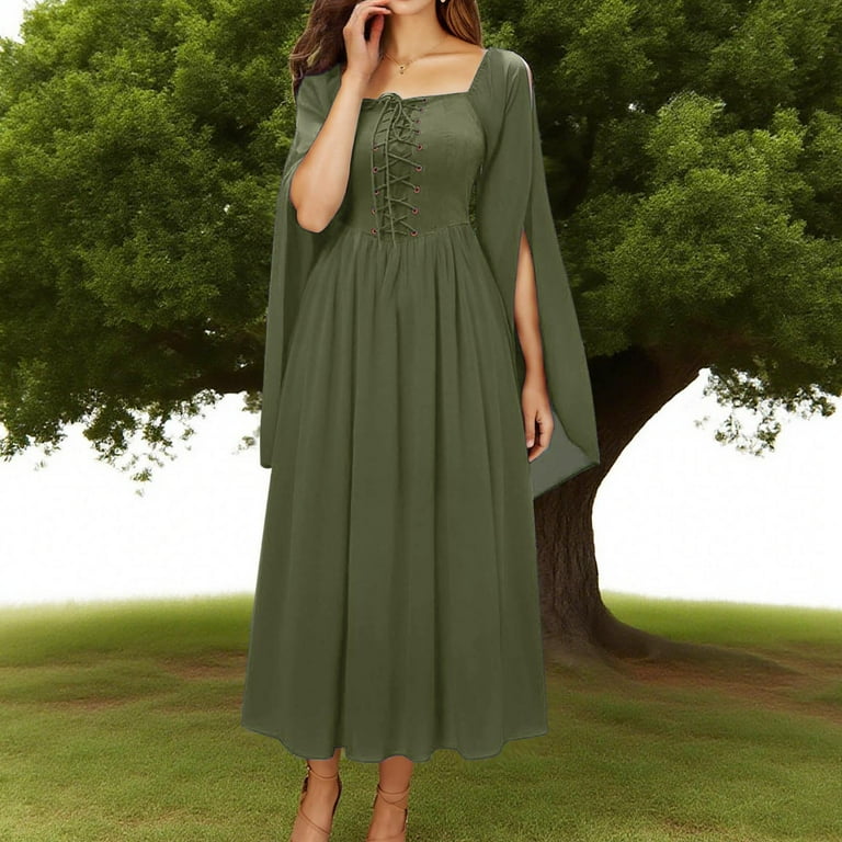 Wiyuqeen Womens Renaissance Mesh Dresses Halloween Dress Petal Sleeve Square Neck Lace Up Maxi Dresses Solid Flowy Medieval Dress, Women's, Size: