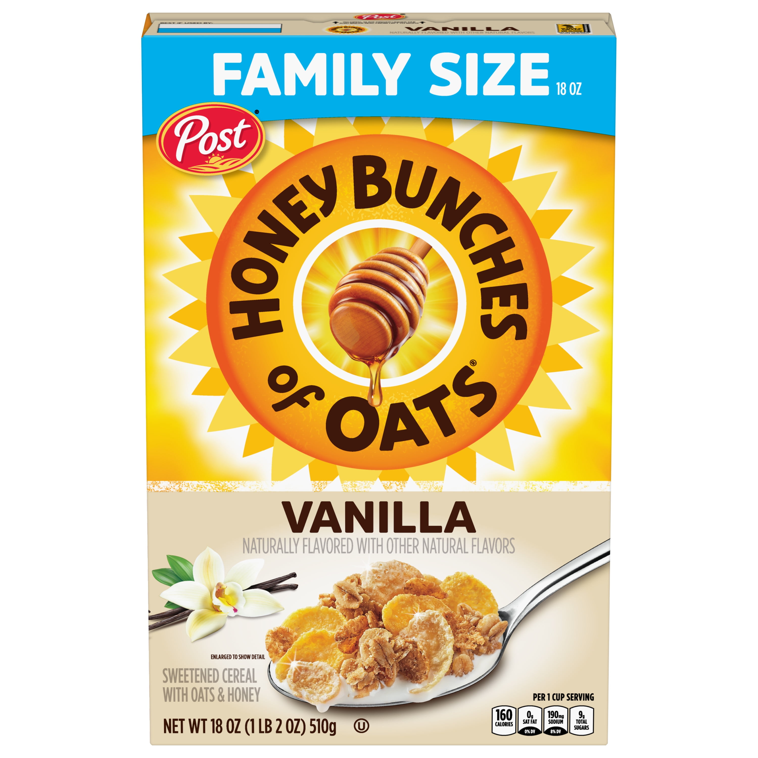 Post Honey Bunches of Oats Vanilla Breakfast Cereal, Vanilla Cereal with Granola Clusters, 18 OZ Box