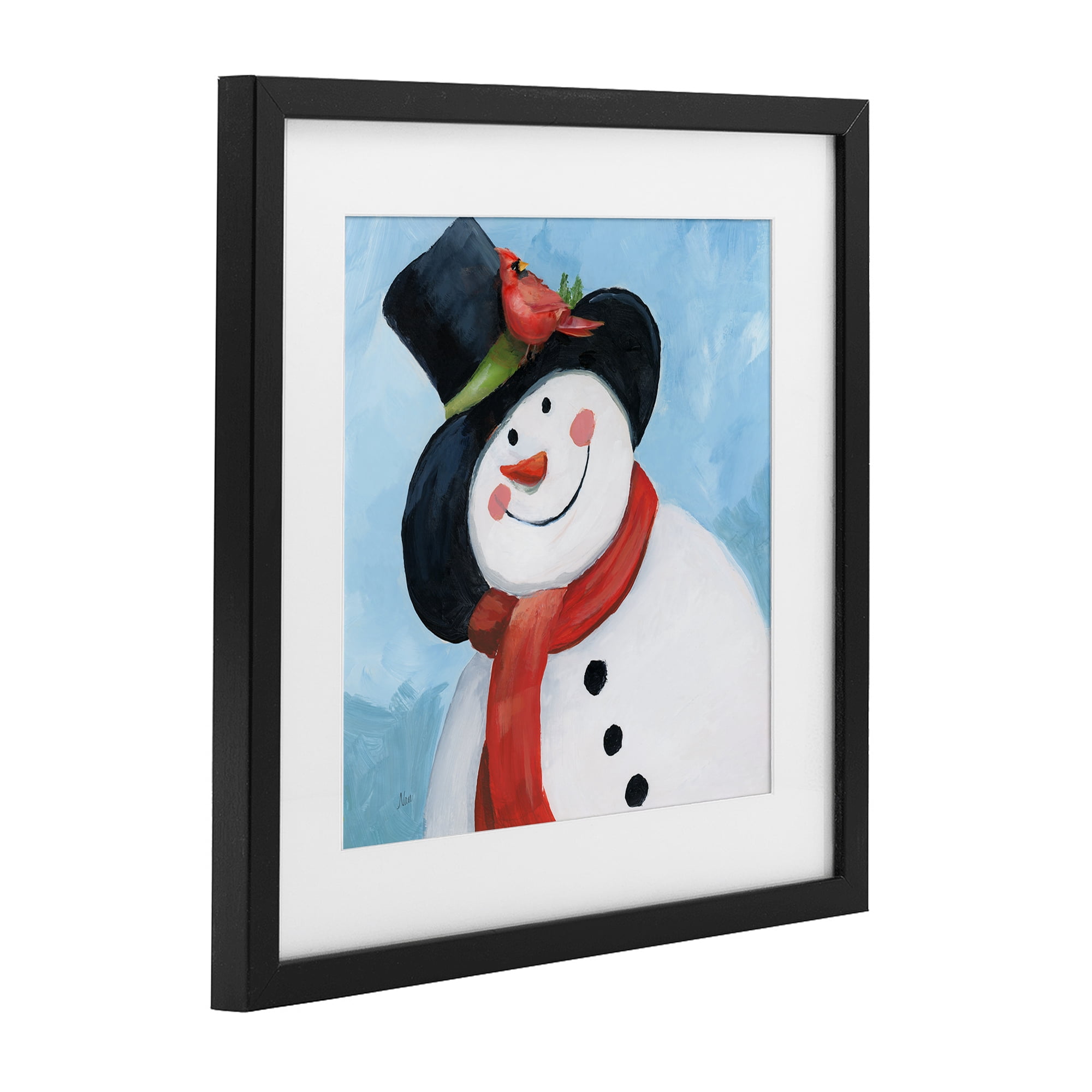 Stupell Industries Cheerful Snowman with Cardinal Black Framed Print Under Glass, design by Nan