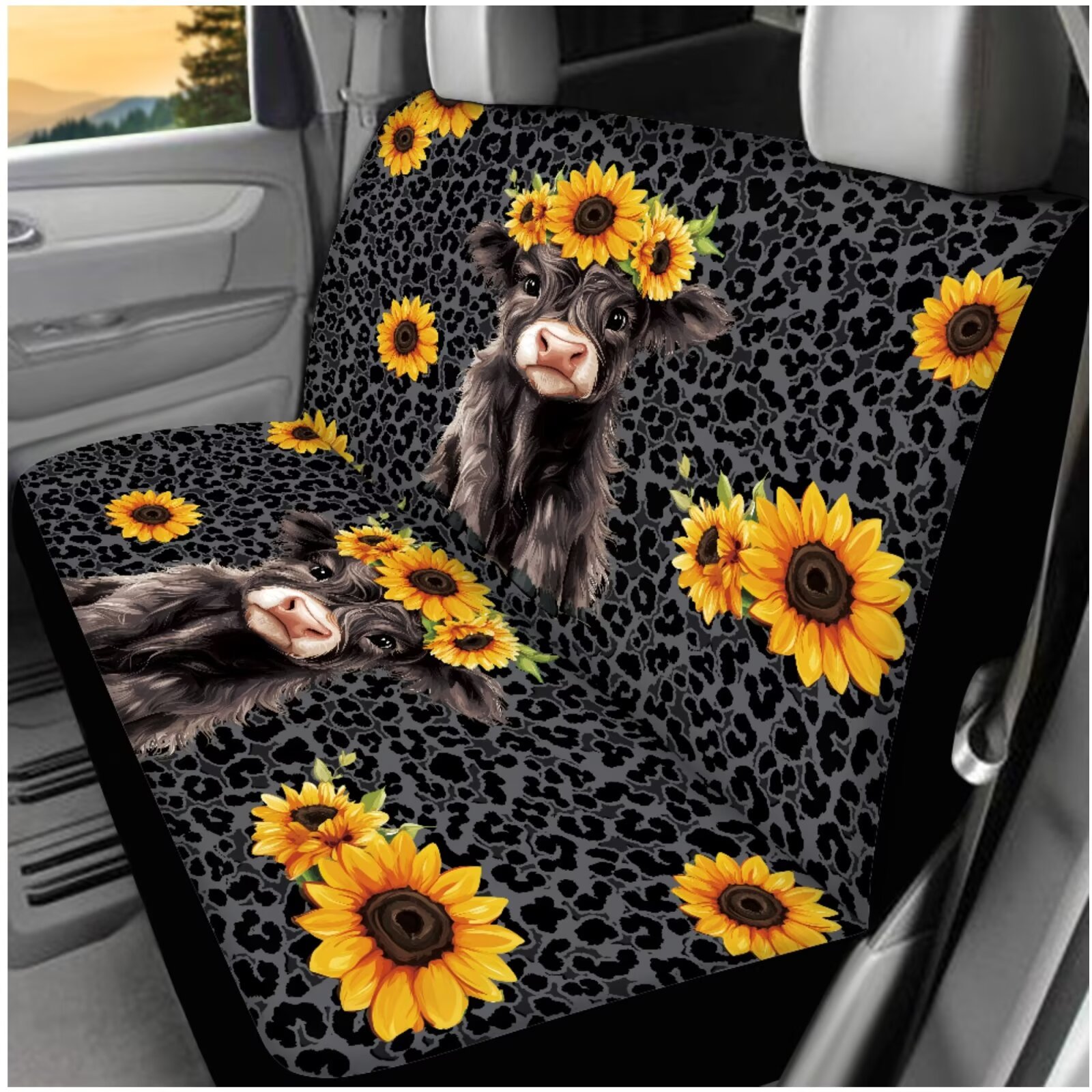 HUIACONG Black Leopard Print Car Seat Covers Full Set Car Accessories Seat Covers with Seat Belt Covers Armrest Cover Steering Wheel Cover Headrest Cover Coaster Keychain 14 Pcs