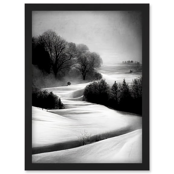Monochrome Winter Landscape Scene Artwork Framed Wall Art Print A4