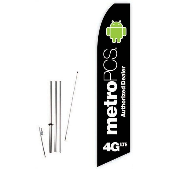 Metro PCS 4G Black Super Novo Feather Flag - Complete with 15ft Pole Set and Ground Spike