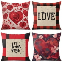 Valentine's Day Heart Roses Throw Pillow Covers 20"x20", Set Of 4, Linen Study Sofa Cushion Cover Indoor Living Room Home Decor