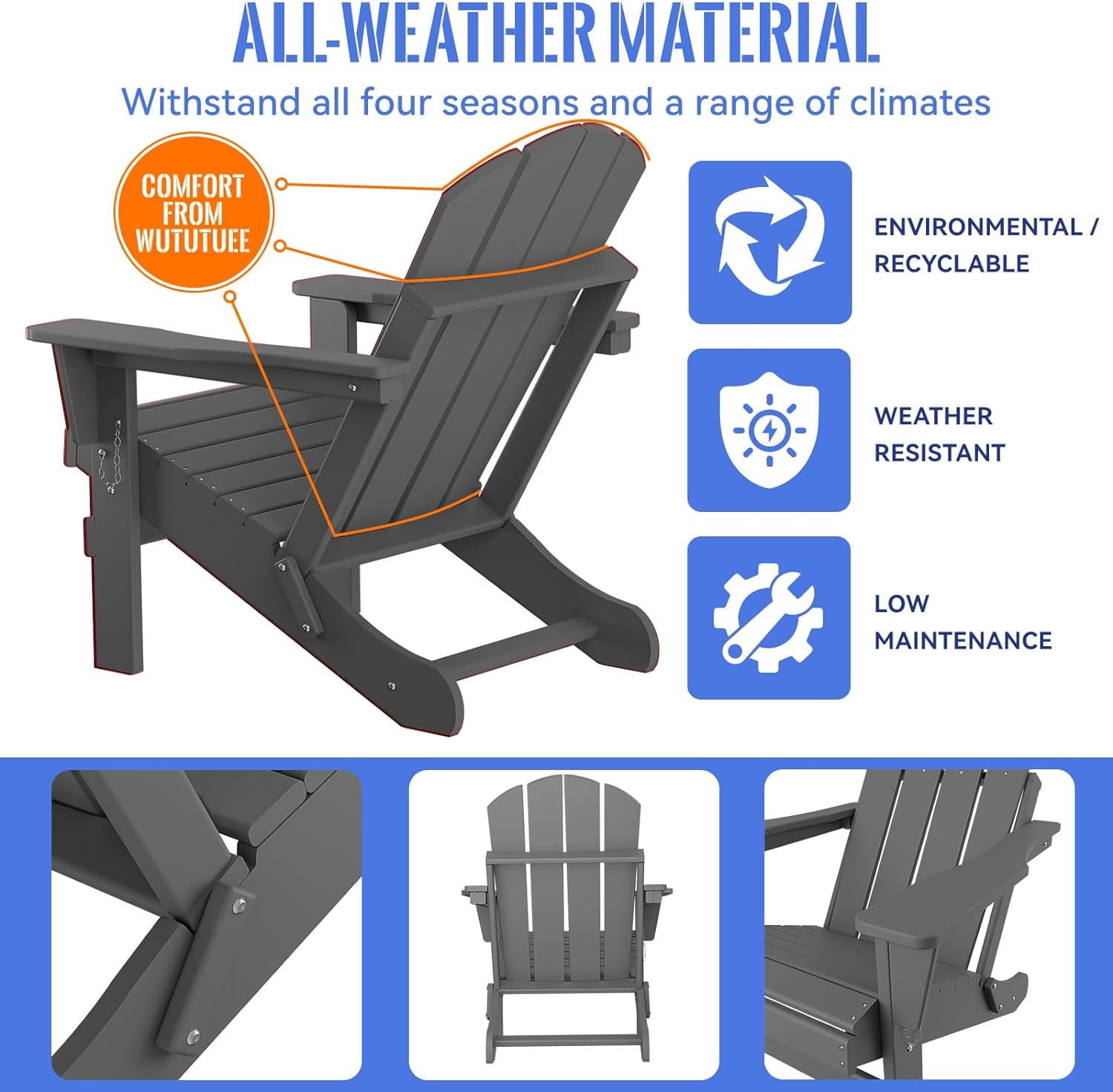 Banome All-Weather Folding Adirondack Chair - Stackable, Ergonomic Design, Relaxing Arm Rests - HDPE Construction