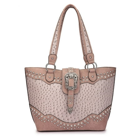 - Dasein Western Style Embossed Ostrich Rhinestone Buckle Tote Handbag