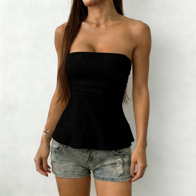 Women Strapless Textured Tube Top Ruffle Hem Peplum Slim Solid Casual Tank Elastic Fit
