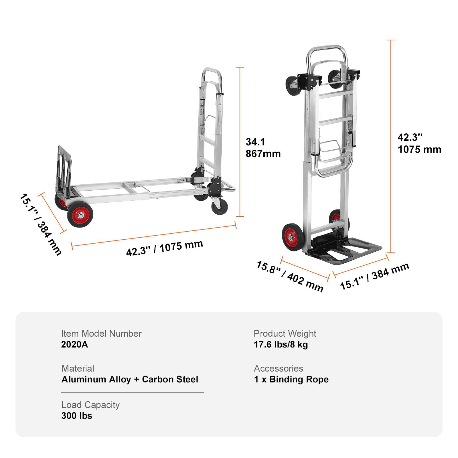 Aluminum Hand Truck 2 in 1 Folding Dolly Cart 400 lbs Capacity Heavy Duty
