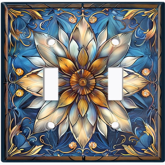 Metal Light Switch Wall Plate Outlet Cover (Printed Image of Stained Glass Lotus - Double Toggle)