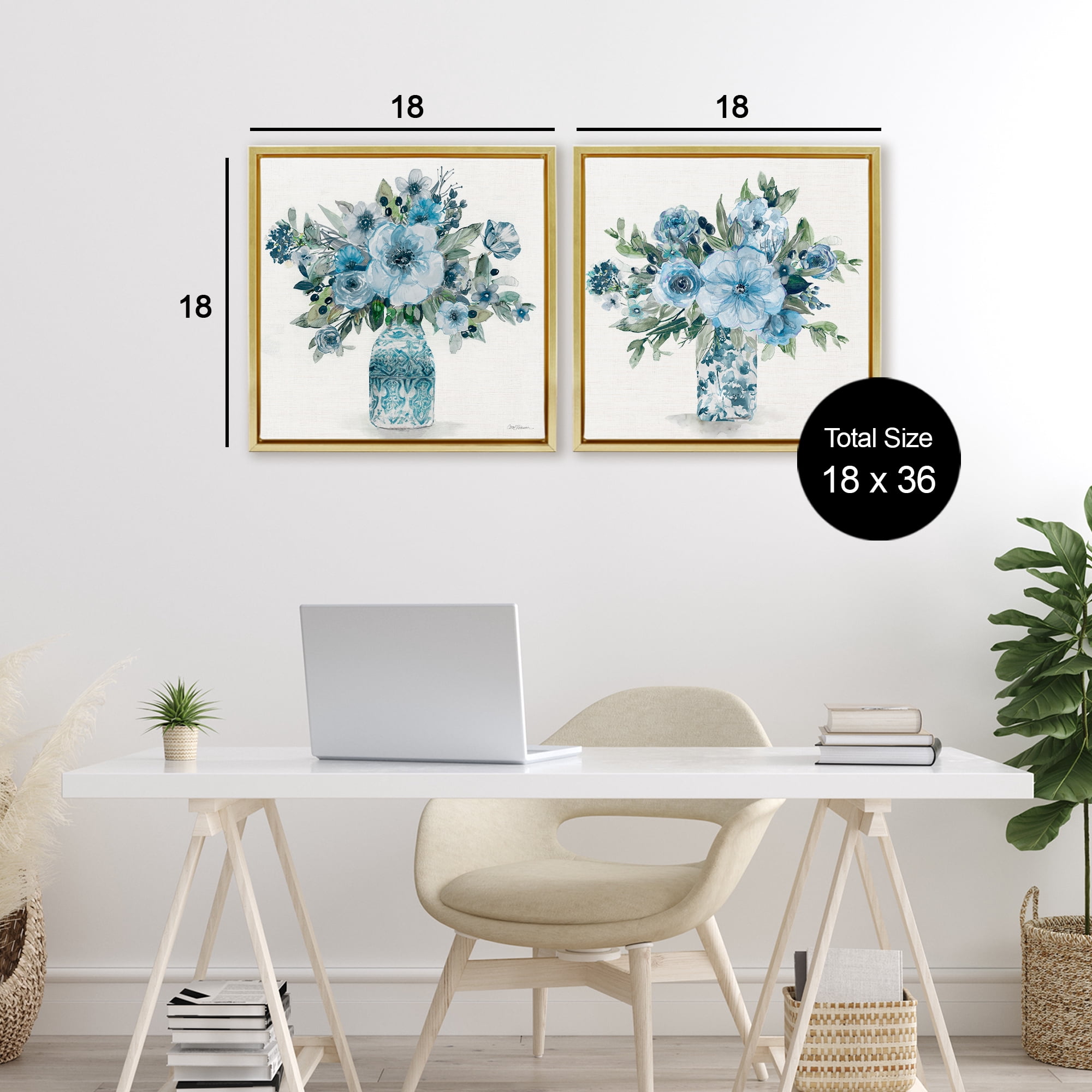 Stupell Industries Pastel Blue Floral Vase Arrangements 2 Piece Gold Framed Floater Canvas Set, design by Carol Robinson