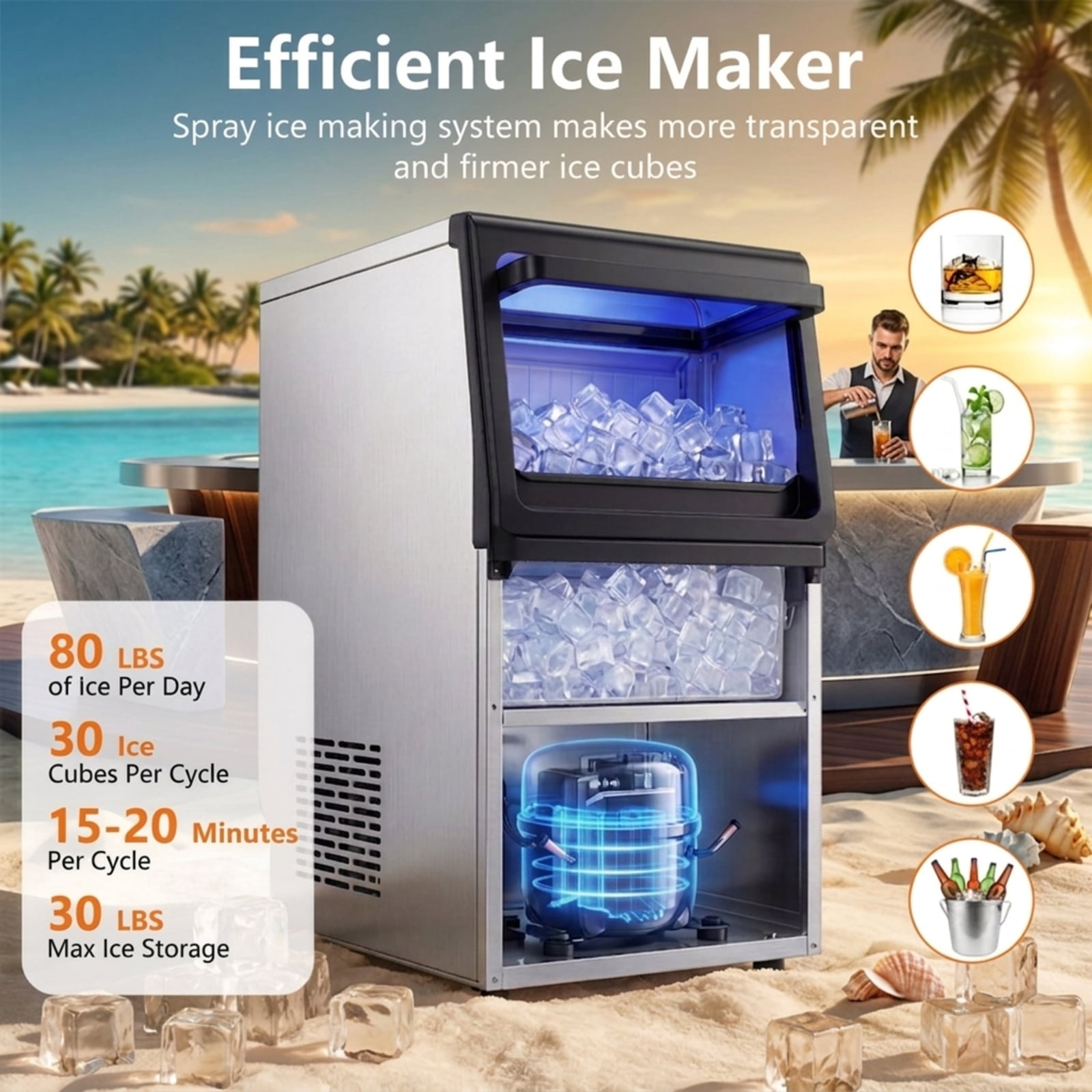 RUIE Stainless Steel Ice Maker Machine 80 lbs/24H with 30 lbs Storage, Countertop Spray Commercial Ice Machine for Home Bar Kitchen Restaurant
