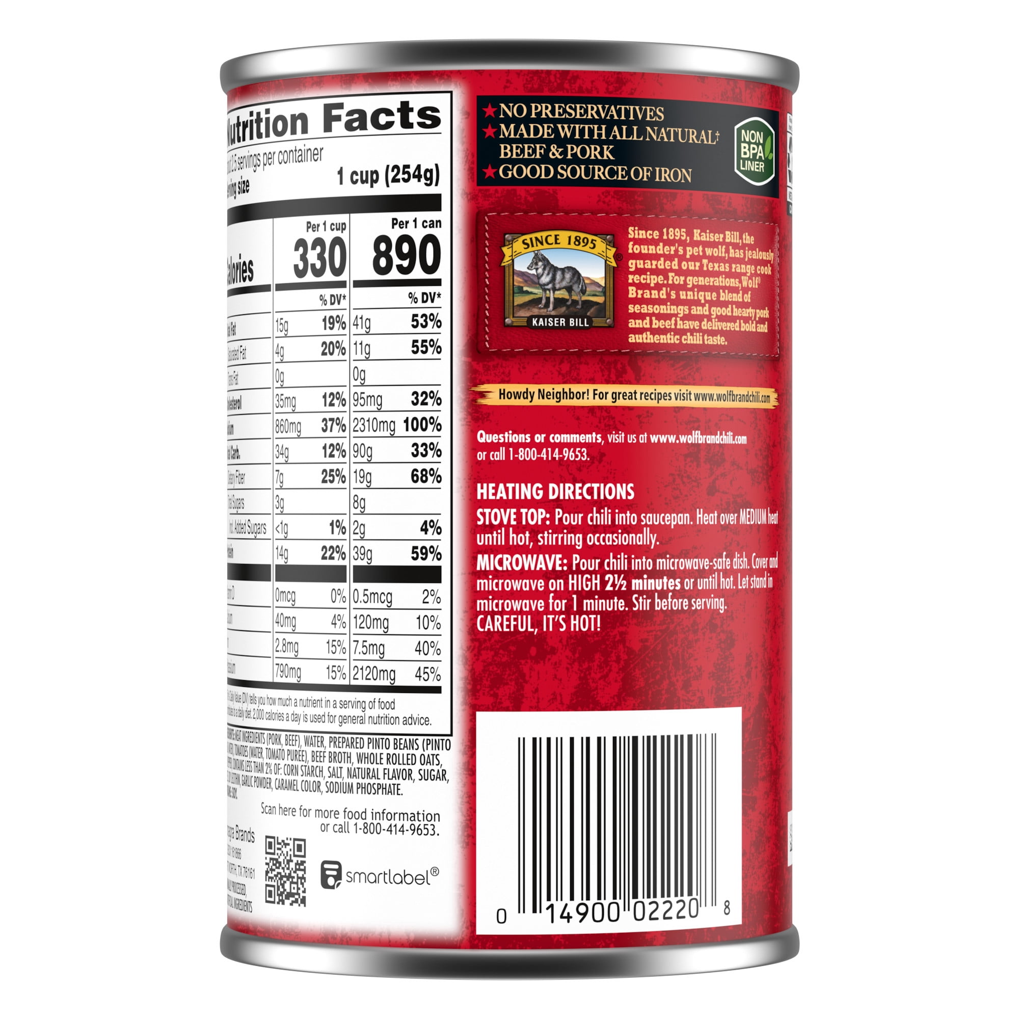 (12 pack) Wolf Brand Chili With Beans, 14g Protein Per Serving, 24 oz. Can