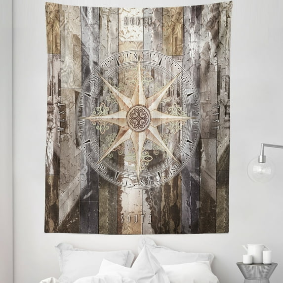 Marine Life Tapestry, Navy Sea Life Yacht Theme Colored Wood Backdrop Rudder like Compass Marine Image, Fabric Wall Hanging Decor for Bedroom Living Room Dorm, 5 Sizes, Brown, by Ambesonne