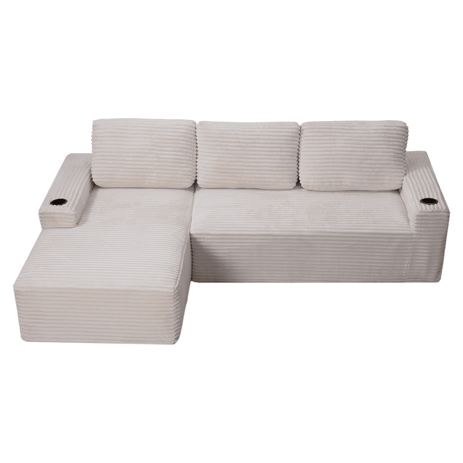 L-Shape Cloud Couch Cup Holders, Modular 104" Cloud Sectional Sofa Corduroy Boneless Sofa Couch with Chaise for Living Room, Cream