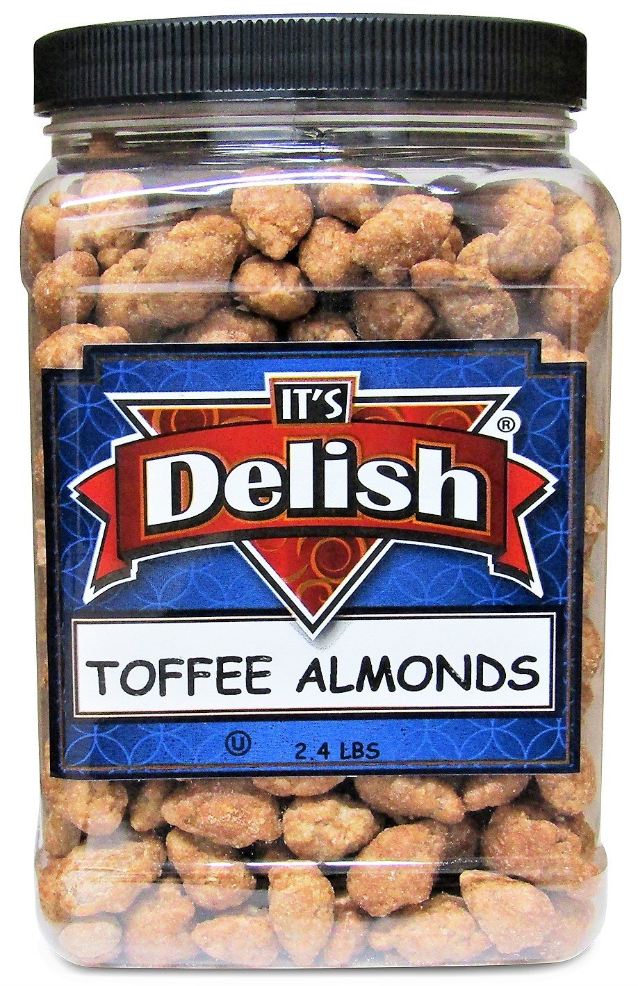 Gourmet Toffee Coated Almonds by Its Delish - 2.4 LB Jumbo Reusable Container Jar - Sweet Crunchy Caramelized Almond Nuts Snack