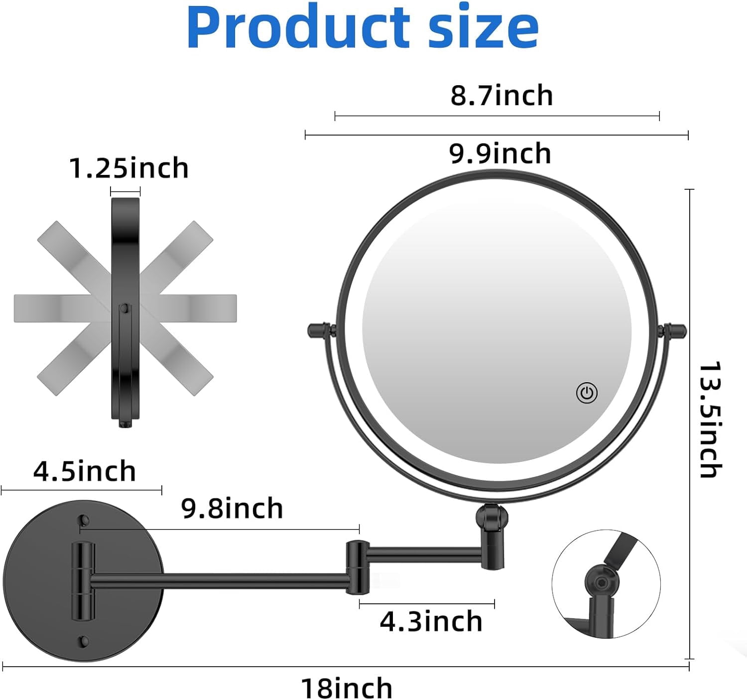FUNTOUCH 9-inch 5000mAh Rechargeable Makeup Mirror with 1X/30X Magnification, Dimmable Razor Mirror in 3 Colors, Adjustable Height Makeup Mirror, 360° Rotatable, Wall Mirror for Bathroom and Hotel