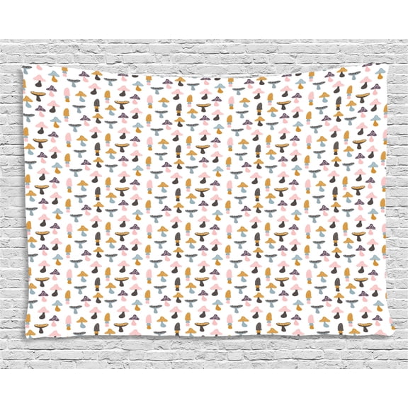 Mushroom Tapestry, Colorful Pattern with Morchella Morel Porcini Mushrooms in Kids Cartoon Style, Wall Hanging for Bedroom Living Room Dorm Decor, 60W X 40L Inches, Multicolor, by Ambesonne