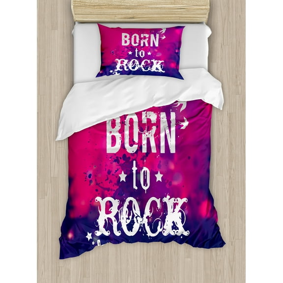 Popstar Party Duvet Cover Set, Blurred Splashy Rock Concert Stage and Crowd Grunge Phrase Print, Decorative 2 Piece Bedding Set with 1 Pillow Shams, Twin Size, Pink Purple, by Ambesonne